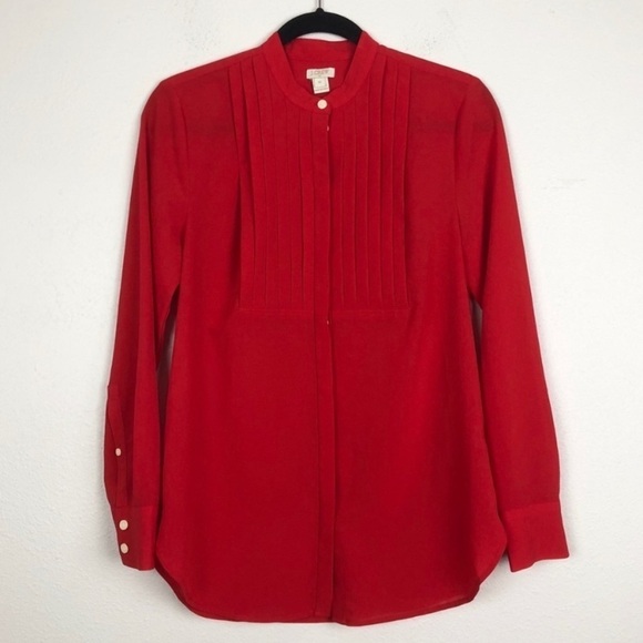 J Crew Red Pleated Long Sleeve Button Down Blouse - Picture 1 of 5